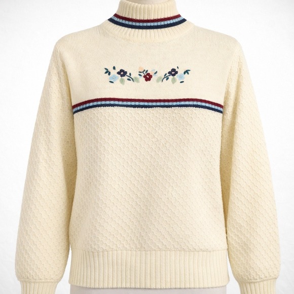 Meg Sweaters - Vtg Cream Floral Embroidered Turtle Neck Sweater M Granny Cottagecore Whimsical